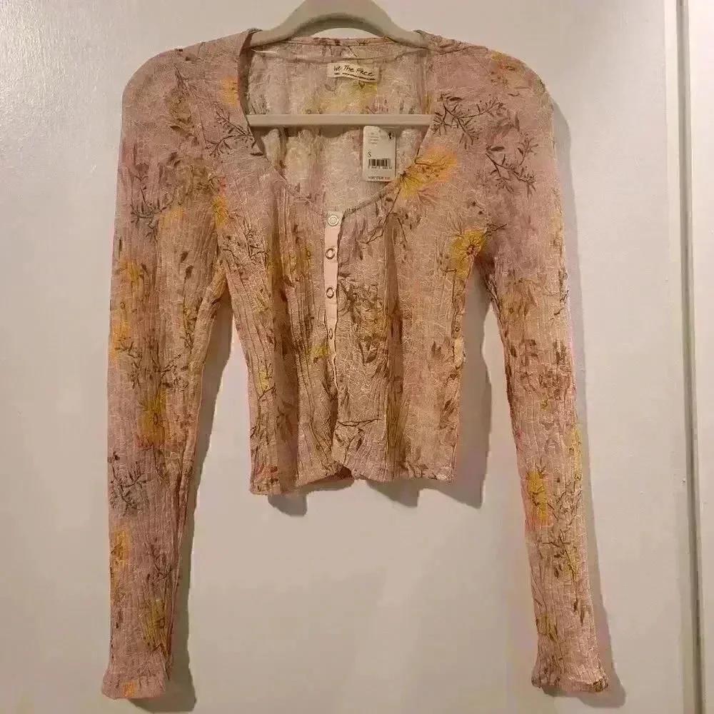 Free People Angelina Floral Sheer Long Sleeve Button Up Top Size Small